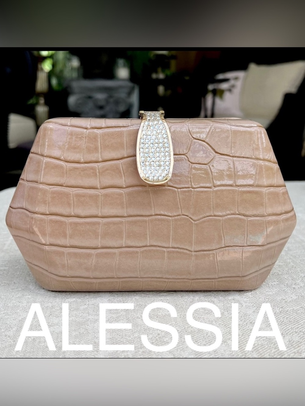 ALESSIA Patent Croc embossed clutch on chain